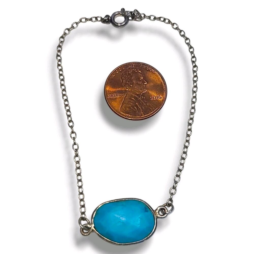Dainty Sterling Silver 925 Single Turquoise Stone‎ Bracelet 7.5" - Picture 5 of 7